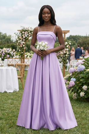 Lavender Spaghetti Straps A-Line Satin Bridesmaid Dress (4) | KISSBRIDAL