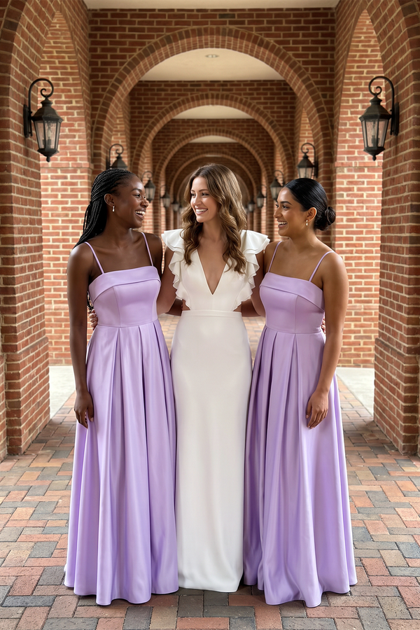 Lavender Spaghetti Straps A-Line Satin Bridesmaid Dress (5) | KISSBRIDAL