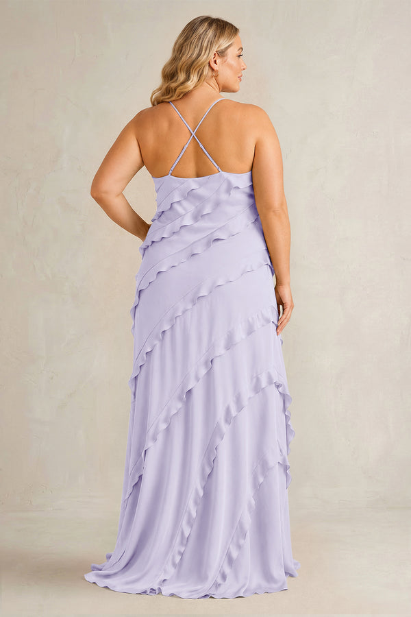 Lavender Spaghetti Straps Sheath Stain Ruffled Bridesmaid Dress (2) | KISSBRIDAL[sizeplus]