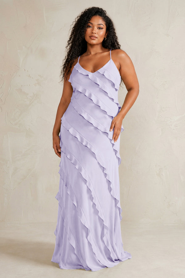 Lavender Spaghetti Straps Sheath Stain Ruffled Bridesmaid Dress (3) | KISSBRIDAL[sizeplus]