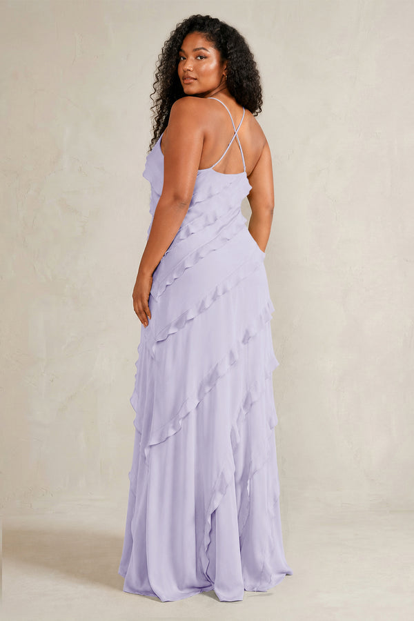 Lavender Spaghetti Straps Sheath Stain Ruffled Bridesmaid Dress (4) | KISSBRIDAL[sizeplus]