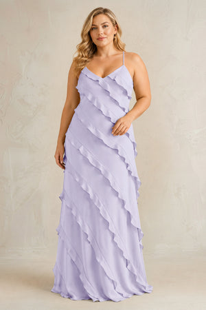 Lavender Spaghetti Straps Sheath Stain Ruffled Bridesmaid Dress | KISSBRIDAL[sizeplus]