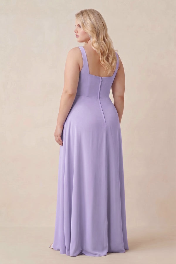 Lavender Square Neck A-Line Bridesmaid Dress With Slit (2) [sizeplus] | KISSBRIDAL