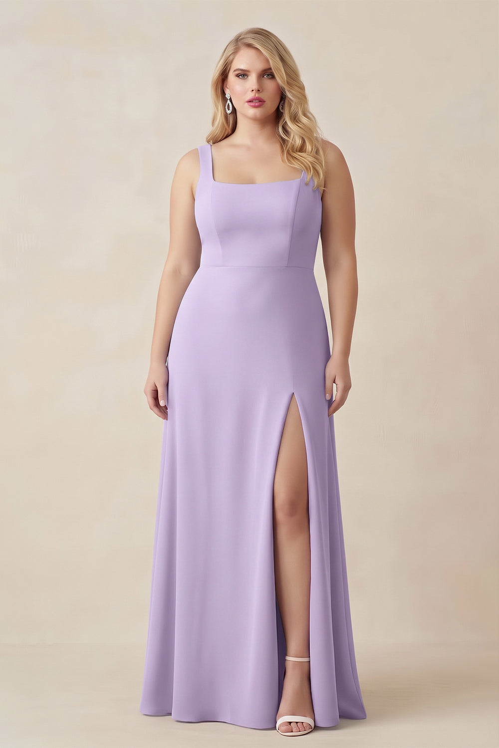 Square Neck A-Line Bridesmaid Dress With Slit in Lavender