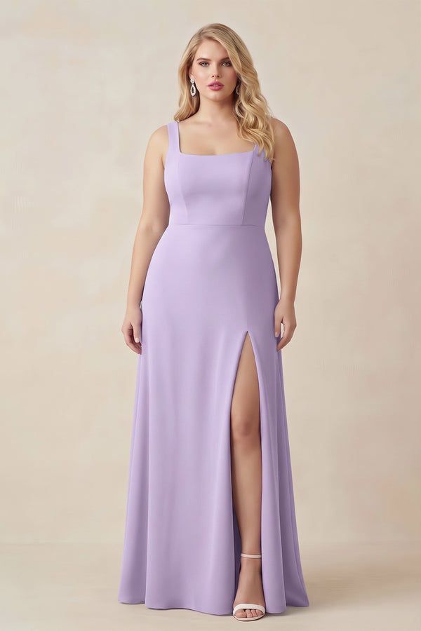 Lavender Square Neck A-Line Bridesmaid Dress With Slit [sizeplus] | KISSBRIDAL