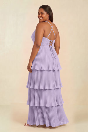 Lavender Tiered Pleated V-Neck A-Line Chiffon Bridesmaid Dress (2) [sizeplus] | KISSBRIDAL