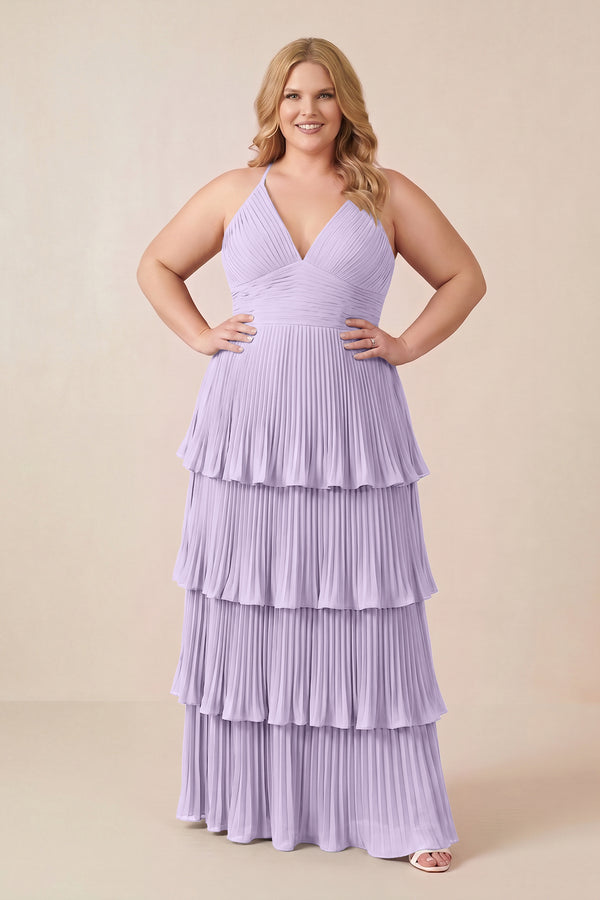 Lavender Tiered Pleated V-Neck A-Line Chiffon Bridesmaid Dress (3) [sizeplus] | KISSBRIDAL