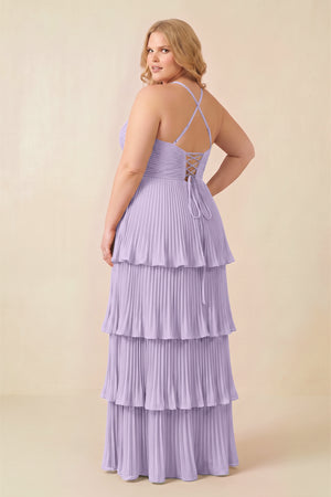 Lavender Tiered Pleated V-Neck A-Line Chiffon Bridesmaid Dress (4) [sizeplus] | KISSBRIDAL