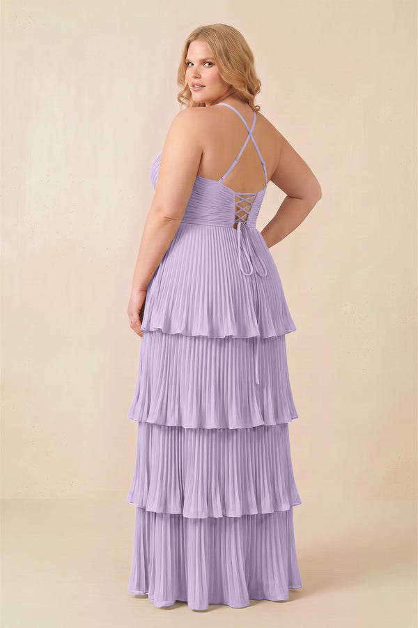 Lavender Tiered Pleated V-Neck A-Line Chiffon Bridesmaid Dress (4) [sizeplus] | KISSBRIDAL