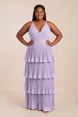 Lavender Tiered Pleated V-Neck A-Line Chiffon Bridesmaid Dress [sizeplus] | KISSBRIDAL
