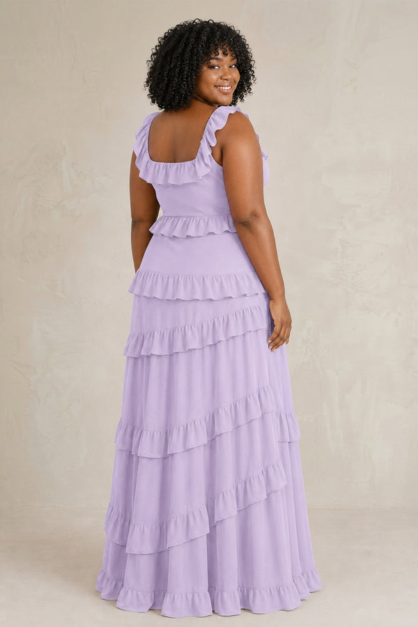 Lavender Tiered Square Neck Ruffled A-Line Bridesmaid Dress (2) | KISSPROM