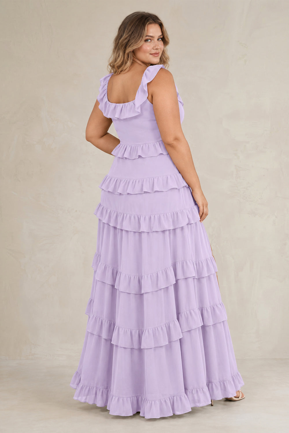 Tiered Square Neck Ruffled A-Line Bridesmaid Dress in Lavender