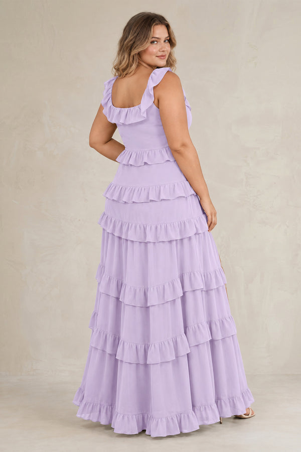 Lavender Tiered Square Neck Ruffled A-Line Bridesmaid Dress (2) [sizeplus] | KISSBRIDAL