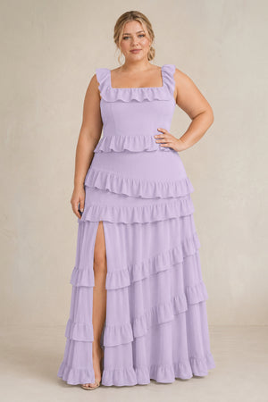 Lavender Tiered Square Neck Ruffled A-Line Bridesmaid Dress (3) | KISSPROM
