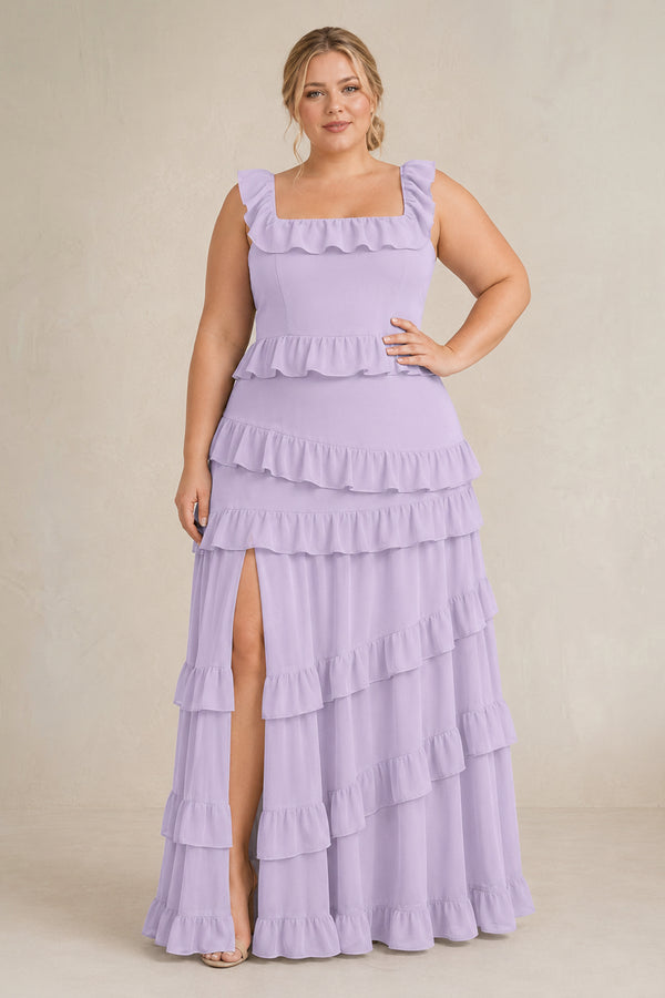 Lavender Tiered Square Neck Ruffled A-Line Bridesmaid Dress (3) | KISSPROM
