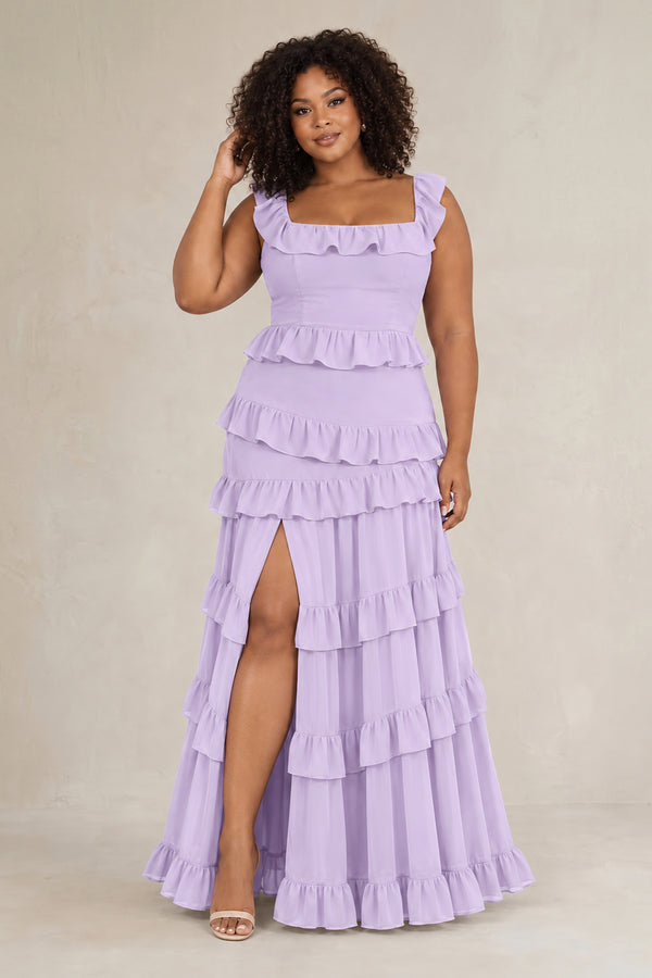 Lavender Tiered Square Neck Ruffled A-Line Bridesmaid Dress (3) [sizeplus] | KISSBRIDAL
