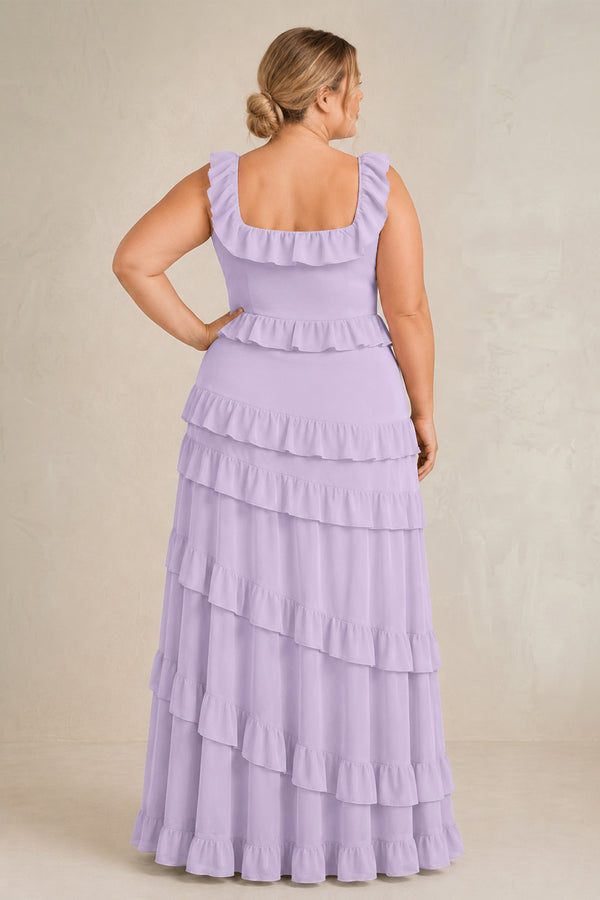 Lavender Tiered Square Neck Ruffled A-Line Bridesmaid Dress (4) | KISSPROM