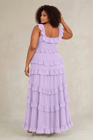 Lavender Tiered Square Neck Ruffled A-Line Bridesmaid Dress (4) [sizeplus] | KISSBRIDAL