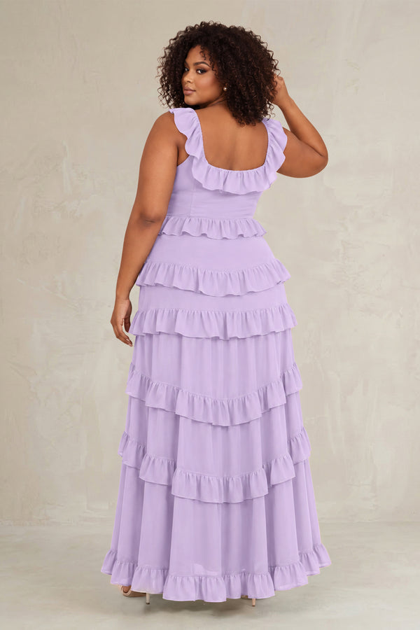 Lavender Tiered Square Neck Ruffled A-Line Bridesmaid Dress (4) [sizeplus] | KISSBRIDAL