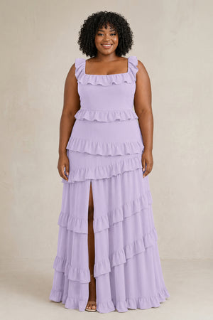 Lavender Tiered Square Neck Ruffled A-Line Bridesmaid Dress | KISSPROM