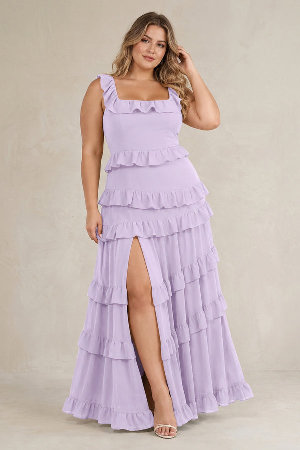 Lavender Tiered Square Neck Ruffled A-Line Bridesmaid Dress [sizeplus] | KISSBRIDAL