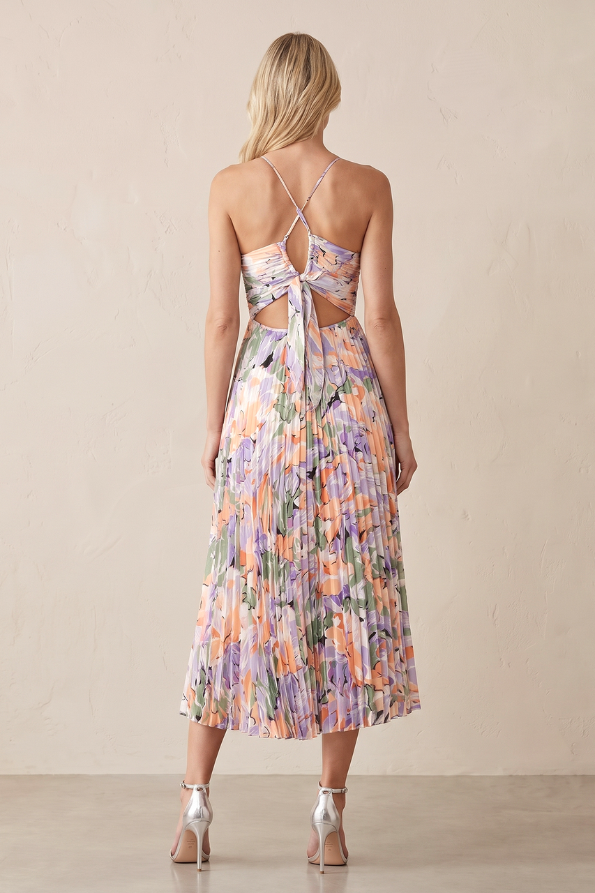 Lavender V-Neck A-Line Pleated Floral Printed Midi Wedding Guest Dress