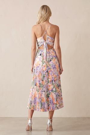 Lavender V-Neck A-Line Pleated Floral Printed Midi Wedding Guest Dress (2) | KISSBRIDAL