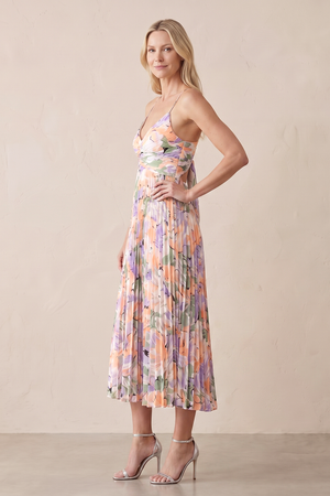 Lavender V-Neck A-Line Pleated Floral Printed Midi Wedding Guest Dress (3) | KISSBRIDAL
