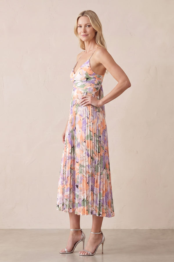 Lavender V-Neck A-Line Pleated Floral Printed Midi Wedding Guest Dress (3) | KISSBRIDAL