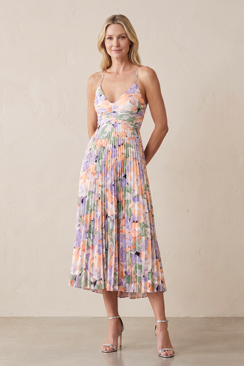 Lavender V-Neck A-Line Pleated Floral Printed Midi Wedding Guest Dress | KISSBRIDAL