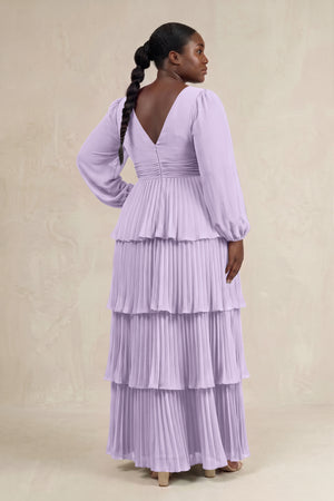 Lavender V-Neck Tiered A-Line Long Sleeve Bridesmaid Dress (2) [sizeplus] | KISSBRIDAL