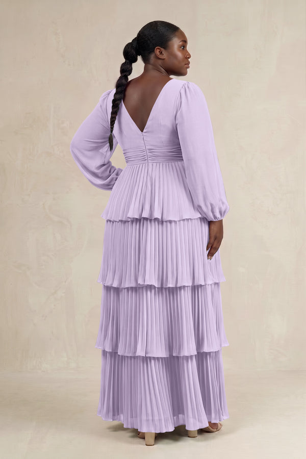 Lavender V-Neck Tiered A-Line Long Sleeve Bridesmaid Dress (2) [sizeplus] | KISSBRIDAL