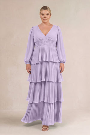 Lavender V-Neck Tiered A-Line Long Sleeve Bridesmaid Dress (3) [sizeplus] | KISSBRIDAL
