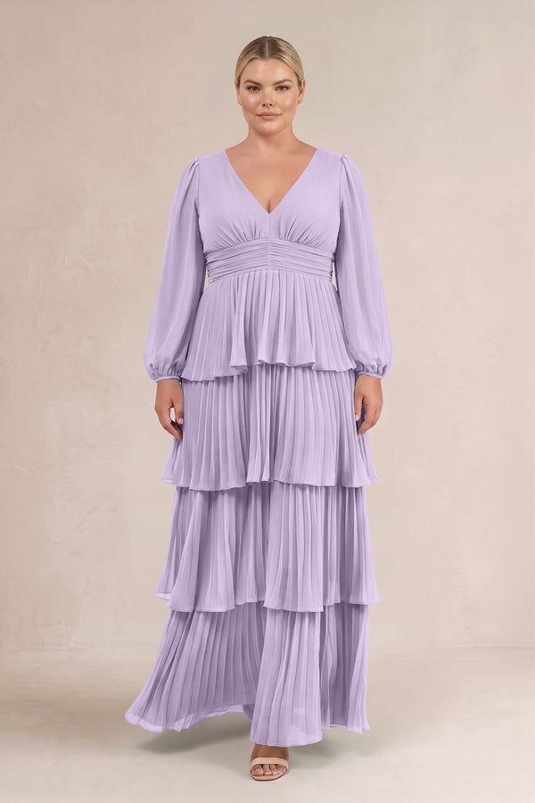 Lavender V-Neck Tiered A-Line Long Sleeve Bridesmaid Dress (3) [sizeplus] | KISSBRIDAL