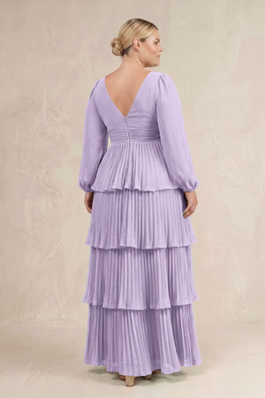 Lavender V-Neck Tiered A-Line Long Sleeve Bridesmaid Dress (4) [sizeplus] | KISSBRIDAL