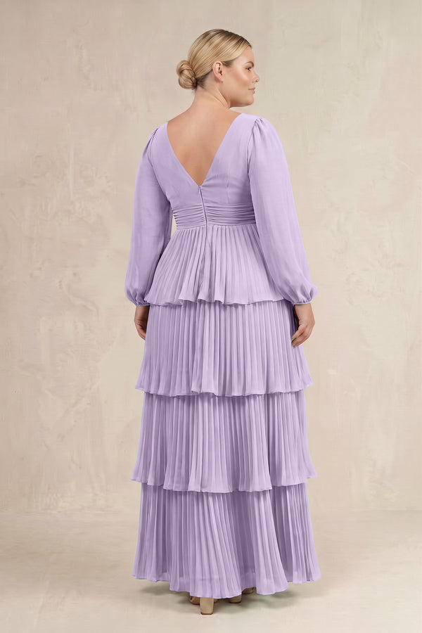 Lavender V-Neck Tiered A-Line Long Sleeve Bridesmaid Dress (4) [sizeplus] | KISSBRIDAL
