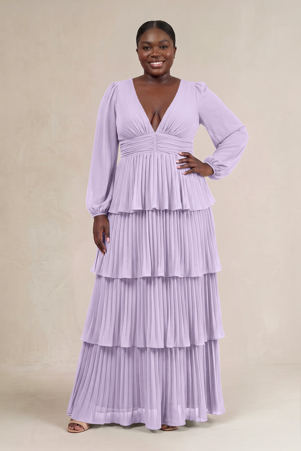 Lavender V-Neck Tiered A-Line Long Sleeve Bridesmaid Dress [sizeplus] | KISSBRIDAL