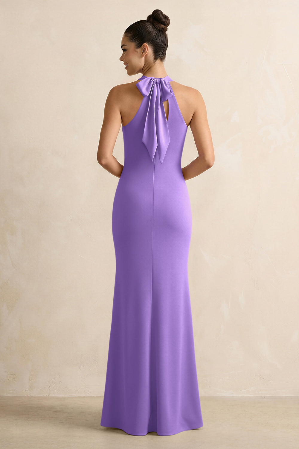 Crisscross Halter Sheath Satin Bridesmaid Dress with Bow in Lilac