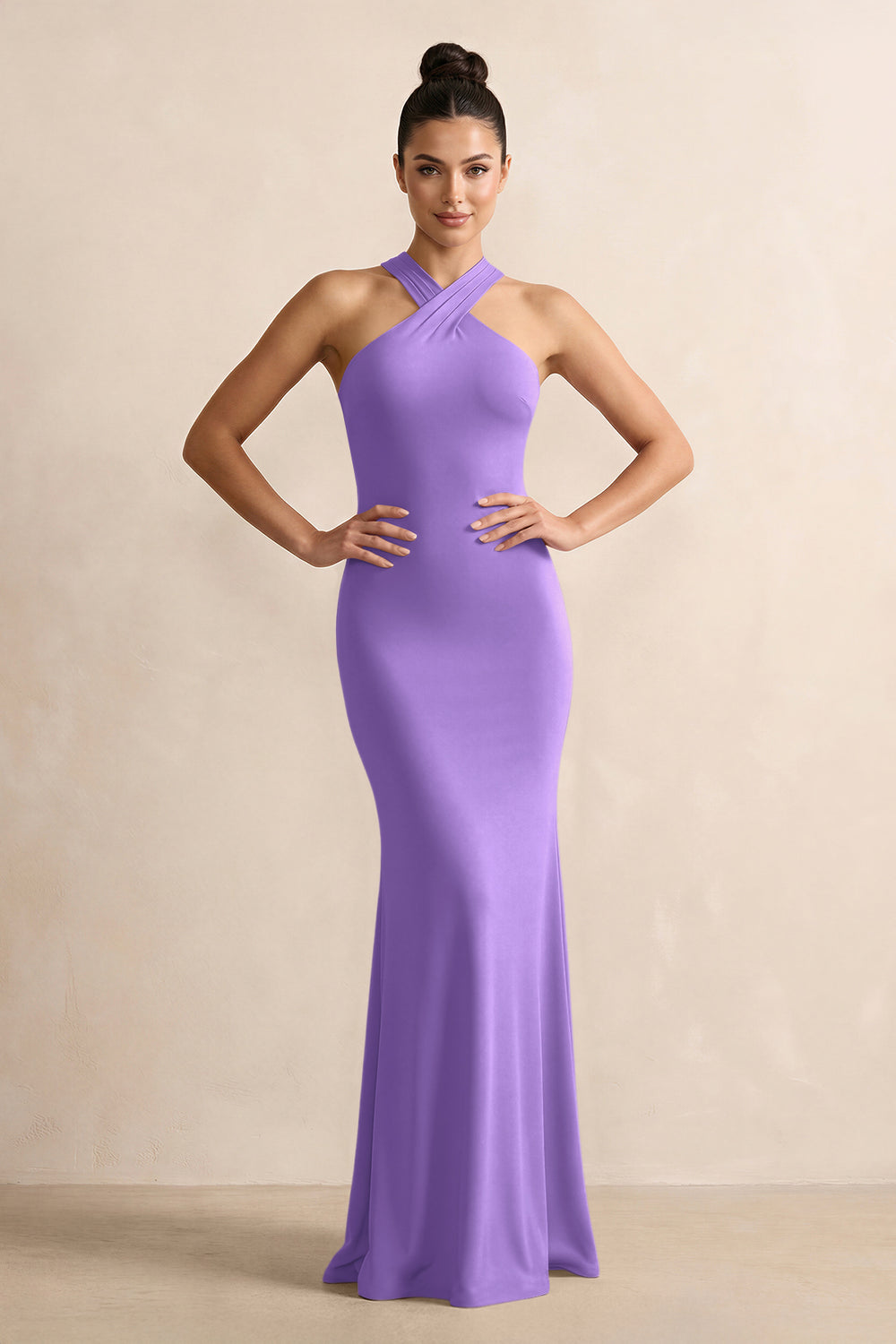 Crisscross Halter Sheath Satin Bridesmaid Dress with Bow in Lilac