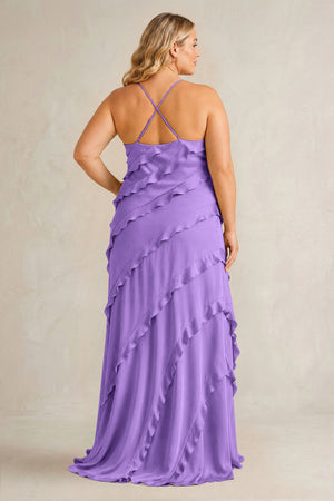 Lilac Spaghetti Straps Sheath Stain Ruffled Bridesmaid Dress (2) | KISSBRIDAL[sizeplus]