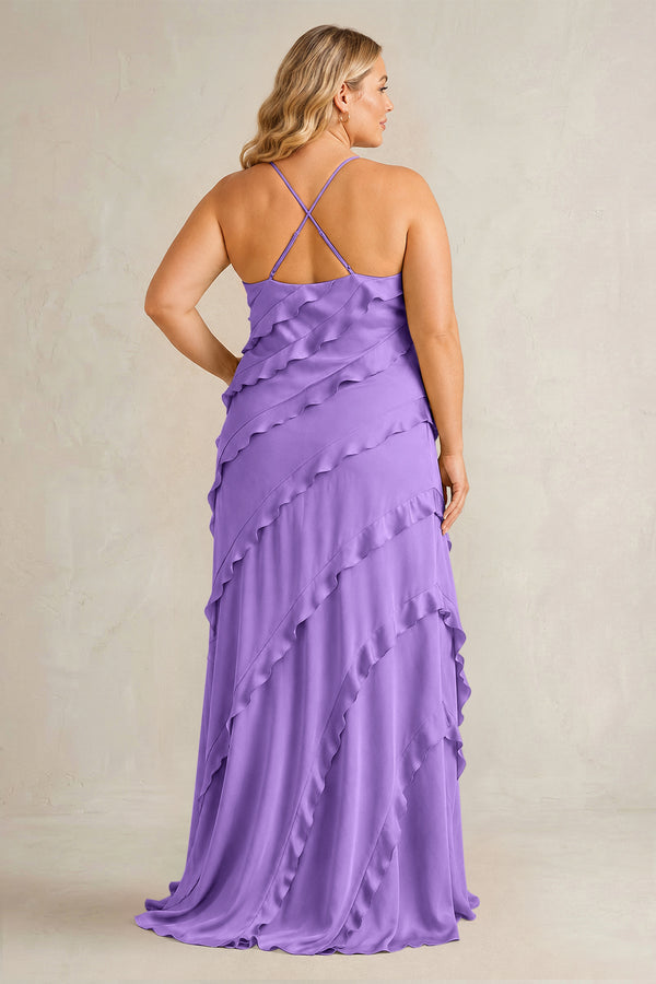 Lilac Spaghetti Straps Sheath Stain Ruffled Bridesmaid Dress (2) | KISSBRIDAL[sizeplus]