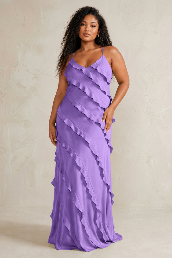 Lilac Spaghetti Straps Sheath Stain Ruffled Bridesmaid Dress (3) | KISSBRIDAL[sizeplus]