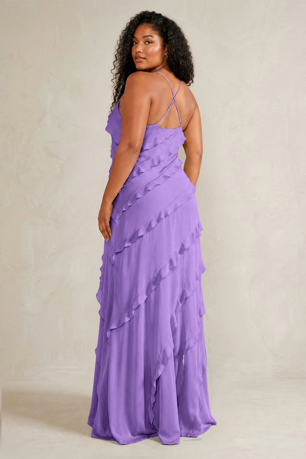 Lilac Spaghetti Straps Sheath Stain Ruffled Bridesmaid Dress (4) | KISSBRIDAL[sizeplus]
