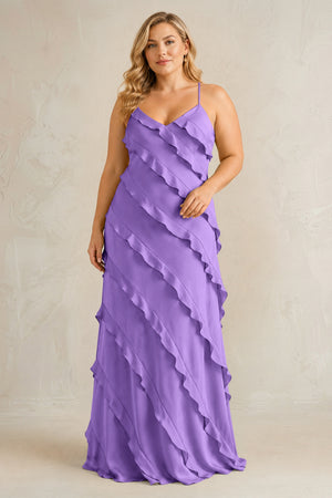 Lilac Spaghetti Straps Sheath Stain Ruffled Bridesmaid Dress | KISSBRIDAL[sizeplus]