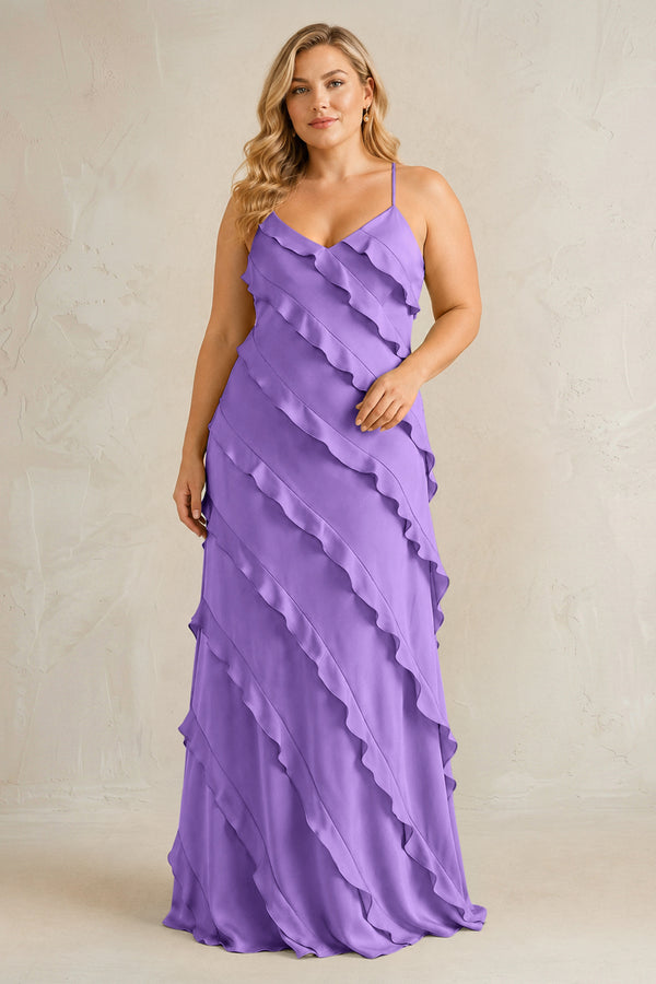 Lilac Spaghetti Straps Sheath Stain Ruffled Bridesmaid Dress | KISSBRIDAL[sizeplus]