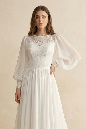Long Sleeve A Line Wedding Dress With Appliques in Diamond White - KISS BRIDAL Wedding Dresses