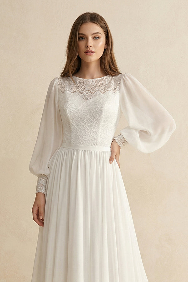 Long Sleeve A Line Wedding Dress With Appliques in Diamond White - KISS BRIDAL Wedding Dresses