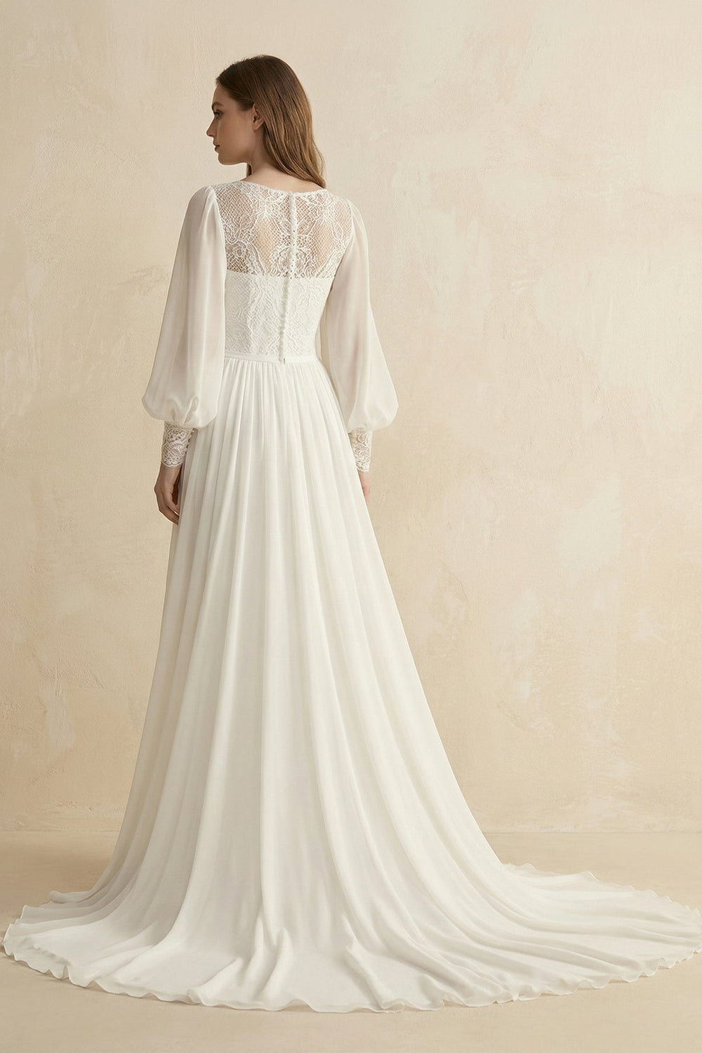 Long Sleeve A Line Wedding Dress With Appliques in Diamond White