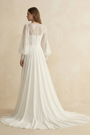 Long Sleeve A Line Wedding Dress With Appliques in Diamond White - KISS BRIDAL Wedding Dresses