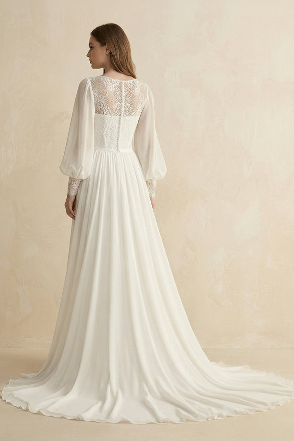 Long Sleeve A Line Wedding Dress With Appliques in Diamond White - KISS BRIDAL Wedding Dresses